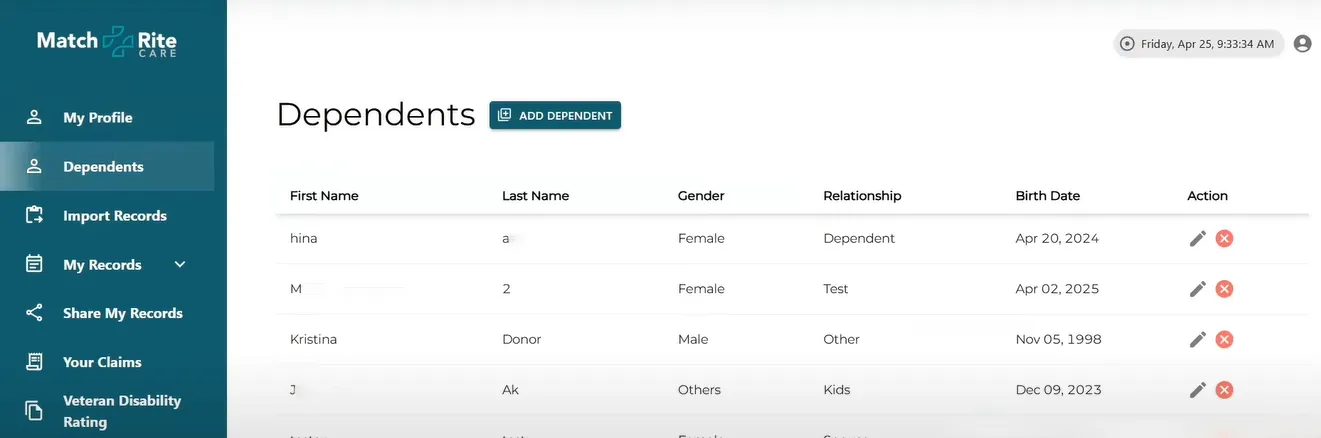 Snapshots from the MatchRite Platform - Import dependents