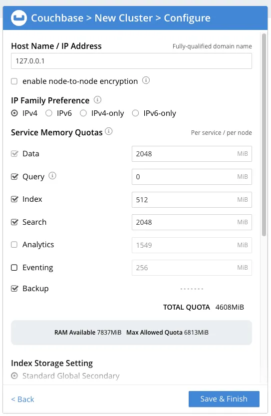 Couchbase New Cluster Configuration Form