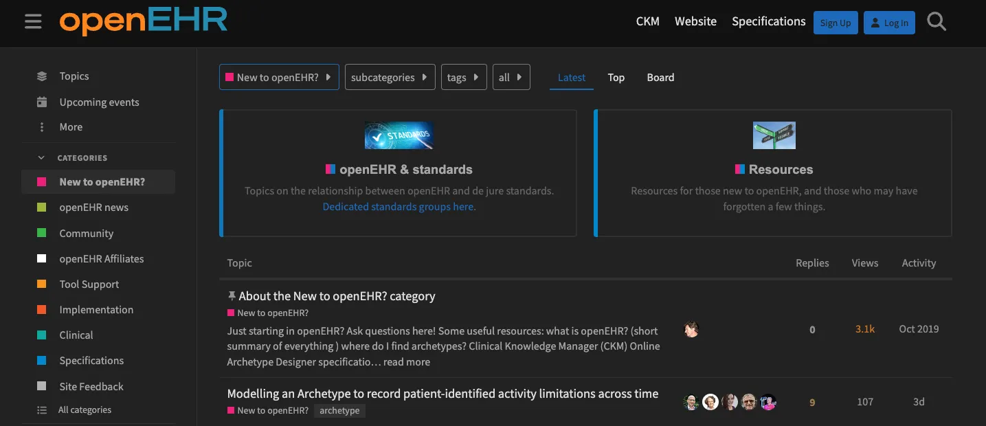 openEHR Discourse Forum screenshot showing 'New to openEHR?' category with community discussion topics and resources.
