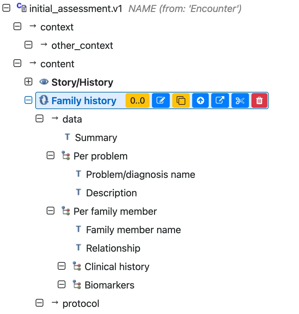 openEHR Archetype Designer showing Initial Assessment template with family_history archetype for clinical modeling.