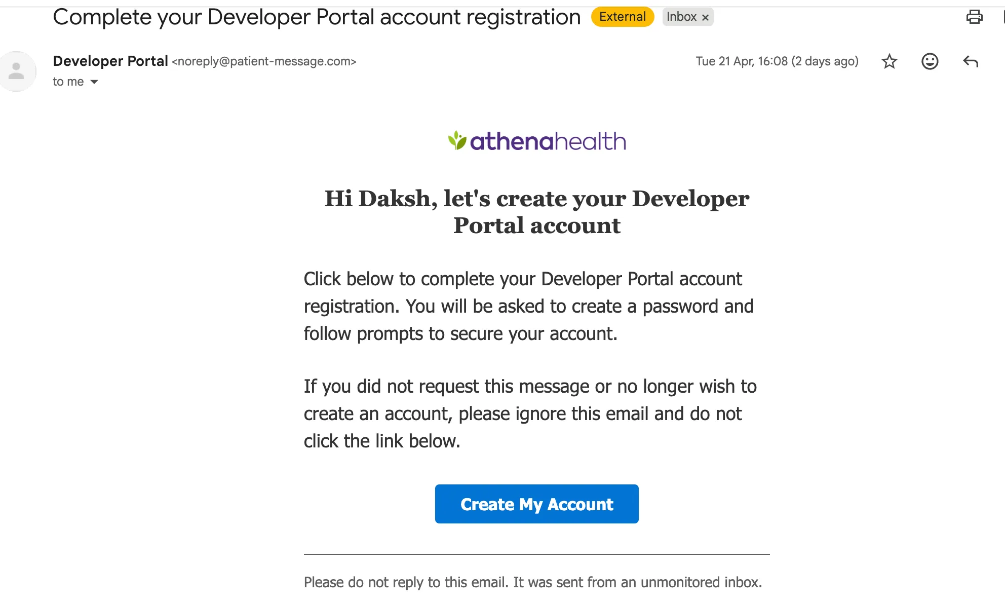 Athena signup mail